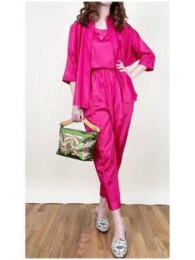 Vintage 100% Silk 3-Piece Set Matching Suit Trouser Pants Tank Top Jacket Coat